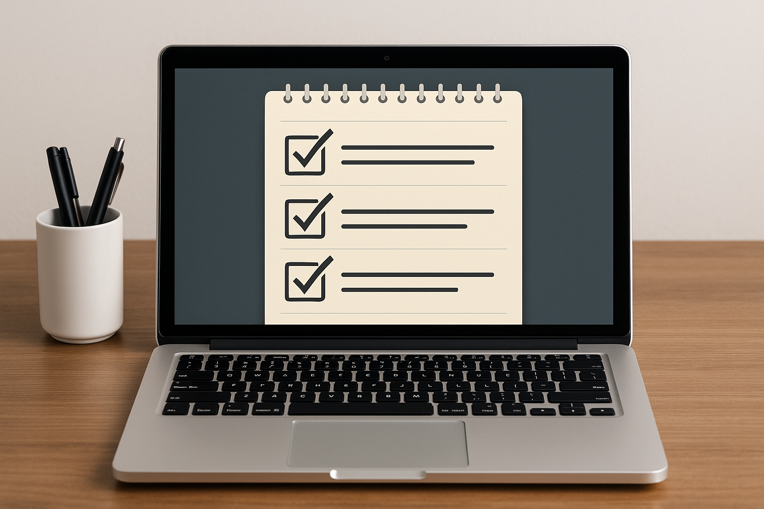 Create a laptop or desktop with showing checklist in note pads